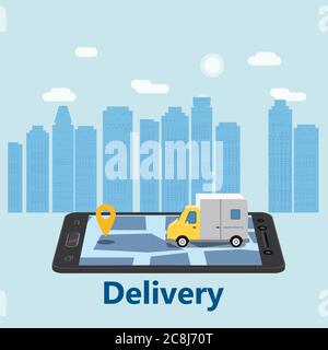 Delivery Van Express concept. Checking delivery service app on mobile phone online tracking. Fast Delivery truck on smartphone and city background Stock Vector