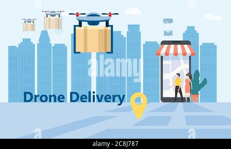 Concept of delivery of the drone flies with the mail, the delivery of parcels. Tiny people stand near a huge smartphone, order a product. Landing Stock Vector