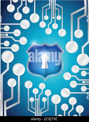 Circuit board security shield illustration design over a blue background Stock Vector