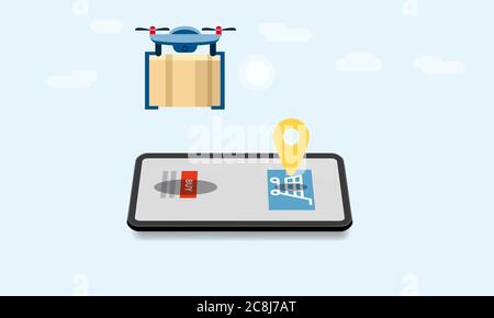The concept of delivery of the drone flies with the mail, the delivery of parcels. Smartphone, isometric. Internet delivery, concept, idea, vector Stock Vector