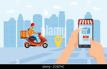 Online delivery service, tracking online tracker. A hand holds a smartphone, buys goods in an online store online, a scooter with a driver, a car, a Stock Vector