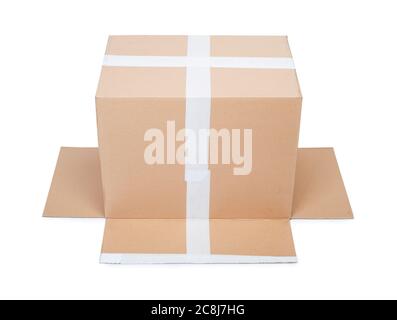 Open used cardboard box isolated over white background Stock Photo