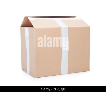 Open used cardboard box isolated on white background Stock Photo