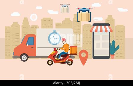 Concept delivery service, landing. Delivery truck, scooter, drone, goes on the way to the buyer, smartphone. Service, Internet delivery, idea, vector Stock Vector