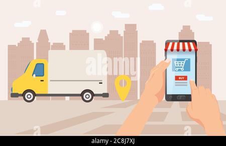 Online delivery service, tracking online tracker. A hand is holding a smartphone, truck, car, parcel delivery. Internet delivery, concept, idea Stock Vector