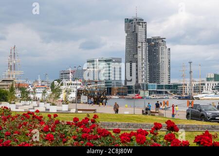 Gdynia, Poland - June 30, 2020: Gdynia, Poland - June 30, 2020: Seaside promenade with view of the Sea Towers skyscrapers in Gdynia Stock Photo