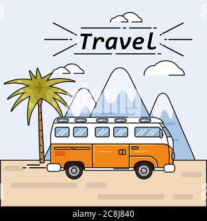Bus summer trip vector illustratione on summer holidays. Traveler bus poster. Palm fnd vountains background on road trip. Tourism concept, cartoon Stock Vector