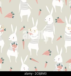 Seamless pattern with cute rabbits and carrots Stock Vector