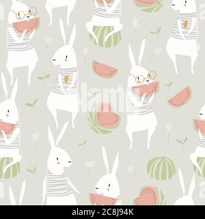 Seamless pattern with cute rabbits and watermelon Stock Vector