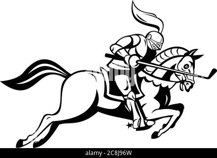 Cartoon illustration of an English knight in full armor riding a horse or steed armed with golf club like a lance on isolated white background done in Stock Vector