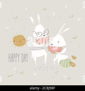 Cute rabbits eating watermelon on meadow with flowers Stock Vector
