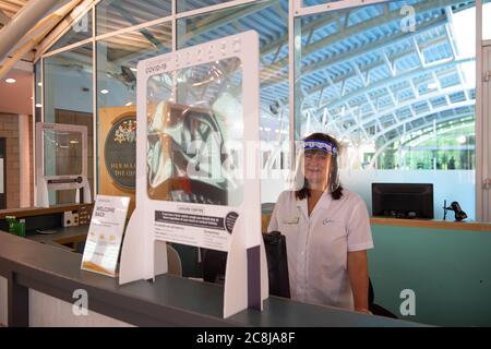 Windsor, Berkshire, UK. 25th July, 2020. Face shields for staff at Windsor Leisure Centre as it reopened this morning for the first time since the Coronavirus Covid-19 lockdown. Credit: Maureen McLean/Alamy Live News Stock Photo
