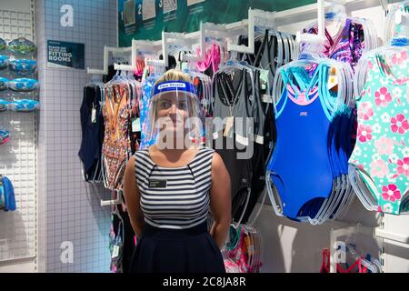 Windsor, Berkshire, UK. 25th July, 2020. Face shields for staff at Windsor Leisure Centre as it reopened this morning for the first time since the Coronavirus Covid-19 lockdown. Credit: Maureen McLean/Alamy Live News Stock Photo