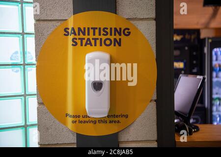Windsor, Berkshire, UK. 25th July, 2020. A sanitising station at Windsor Leisure Centre as it reopened this morning for the first time since the Coronavirus Covid-19 lockdown. Credit: Maureen McLean/Alamy Live News Stock Photo