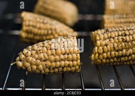 Seasoned corn cobs on the BBQ Stock Photo