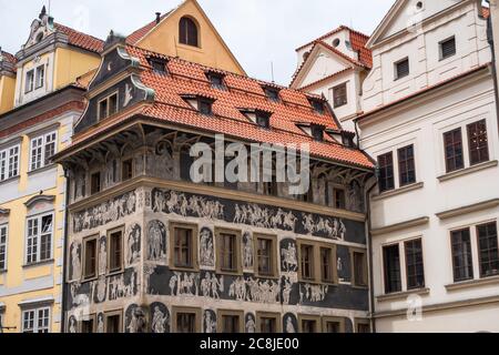 House at the Minute or Dum U Minuty in Czech, on Old Town Square in Prague, Franz Kafka home in Czech Republic Stock Photo