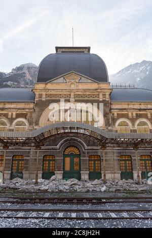 Canfranc, Spain - May 1, 2019 : Main biulding in the Abandoned railway station of Canfranc Huesca Spain Stock Photo