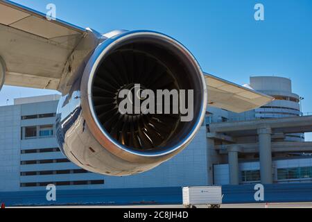 Jet Engine Of A British Airways Boeing 747-400 Parked At San Francisco International Airport, California, USA. Stock Photo