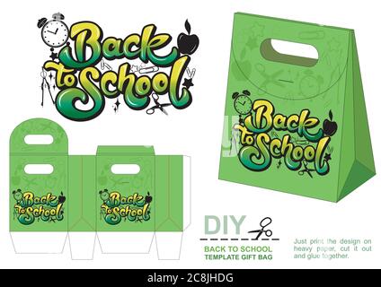 Back to School. Gift paper bag template, present bag. Beautiful illustrations with calligraphy text Back to School. Hand drawn calligraphy lettering, Stock Vector