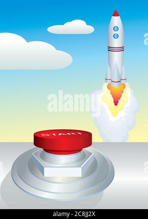 Businesswoman's Hand Launching Rocket By Pressing Red Button - Image Stock Vector