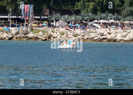 Varna, Bulgaria - July, 19, 2020: riding a catamaran on the seaside of bulgaria Stock Photo