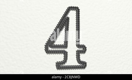 NUMBER 4 MADE OF STARS on the wall. 3D illustration of metallic sculpture over a white background with mild texture. design and concept Stock Photo