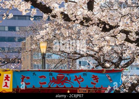 Osaka, Japan - CIRCA April, 2019 : Japanese street food stalls at Osaka castle cherry blossoms festival Stock Photo