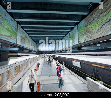 Vienna, Austria: Train traffic on Volkstheater U-bahn station. This station of Vienna underground railway U2 and U3 lines was opened in 1980 Stock Photo