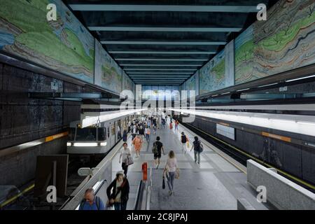 Vienna, Austria: Train traffic on Volkstheater U-bahn station. This station of Vienna underground railway U2 and U3 lines was opened in 1980 Stock Photo