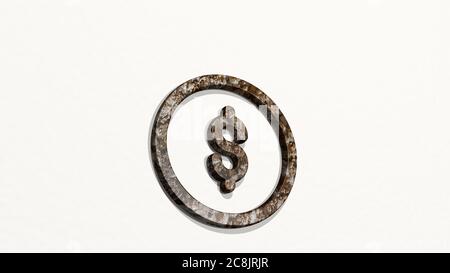 discount dollar dash from a perspective on the wall. A thick sculpture made of metallic materials of 3D rendering. illustration and sale Stock Photo