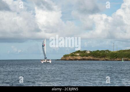 Christiansted, St. Croix, VI-October 19,2019: Catamaran sailboat with tourists sailing in the Caribbean Sea around St. Croix in the USVI Stock Photo