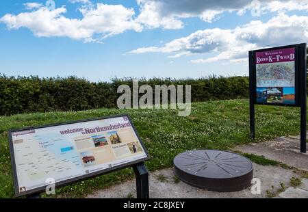 Welcome to Berwick on Tweed & Northumberland tourist information board on A1, Scottish English border, UK Stock Photo