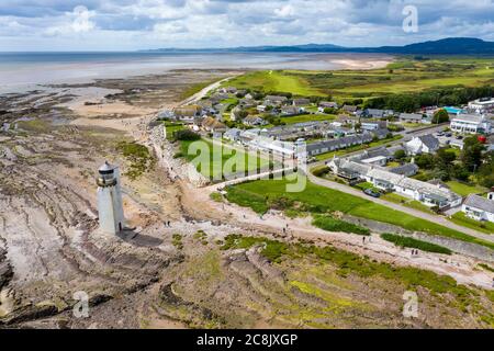 Aerial view of Southerness lighthouse and holiday park, Dumfries & Galloway, Scotland. Stock Photo