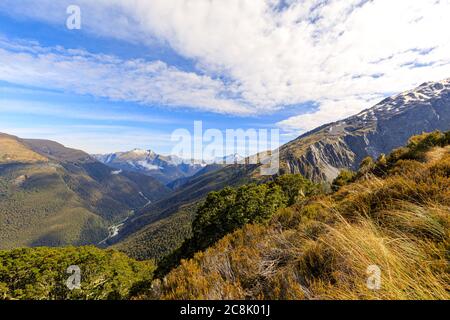 View up the Haast Pass from the Brewster Track in Mount Aspiring National Park, South Island, New Zealand. Stock Photo