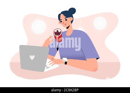 Young woman working in a cafe or coffee shop drinking coffee sitting at table and using her laptop, concept of freelance job, vector cartoon Stock Vector