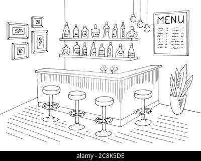 Cafe bar graphic black white interior sketch illustration vector Stock Vector