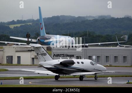 Glasgow, Scotland, UK. 23 July 2020. Pictured: A Cessna 510 Citation Mustang private biz jet (reg F-HIBF) seen at Glasgow Airport. Credit: Colin Fisher/Alamy Live News. Stock Photo
