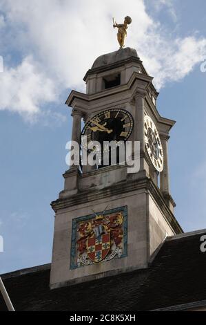 Town Hall, Braintree, Essex. It is surmounted by a bell tower with a clock and a bronze figure representing truth standing at the top. Stock Photo