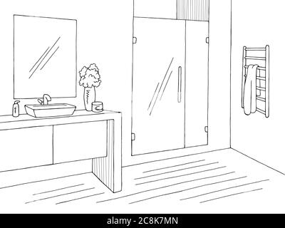 Bathroom graphic home interior black white sketch illustration vector Stock Vector