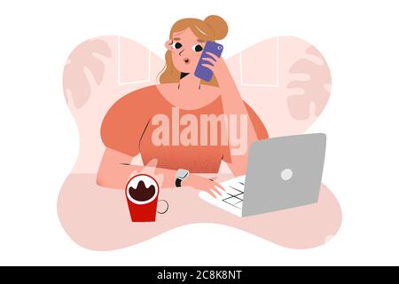 Young woman working in a cafe using laptop making phone calls, businesswoman at cafe or working from home, cute character, concept of freelance job Stock Vector