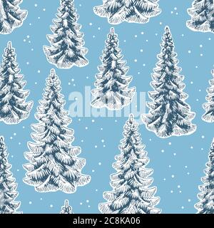 Fir tree spruce graphic blue color seamless pattern background sketch illustration vector Stock Vector