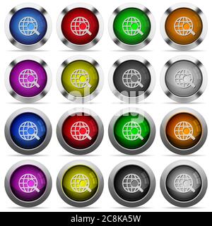 Set of 16 round glossy color web search web buttons with shadows. Fully organized layer structure and color swatches. Easy to recolor or make hover ef Stock Vector