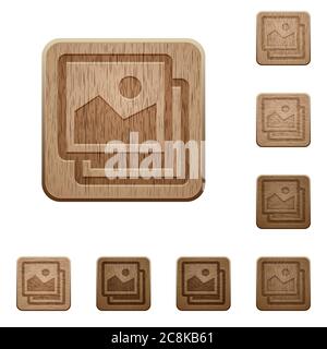 Set of carved wooden images buttons. 8 variations included. Arranged layer structure. Stock Vector