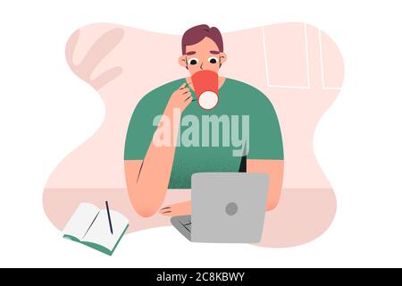 Young man working from home or cafe with notebook, laptop, drinking his coffee, making notes, caucasian guy character, vector illustration, concept of Stock Vector