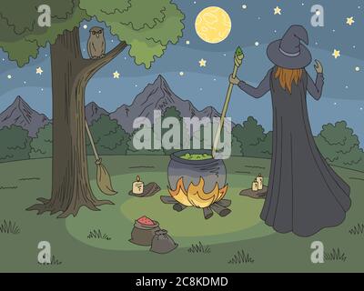 Witch conjuring. Mountain graphic color landscape sketch illustration vector Stock Vector