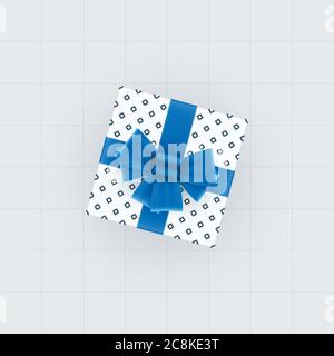 Top view of gift box with blue bow and ribbons. Spotted gift box vector template. Stock Vector