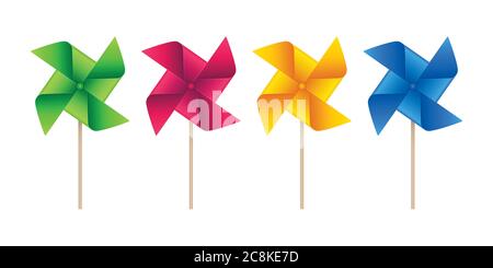 Pinwheel vector icons in various colors. Weather vane symbols on white background. Stock Vector