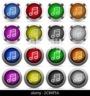 Set of 16 round glossy color music web buttons with shadows. Fully organized layer structure and color swatches. Easy to recolor or make hover effects Stock Vector