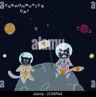 Fun cat astronaut in space. Vector cartoon charters. Editable vector illustration. Stock Vector