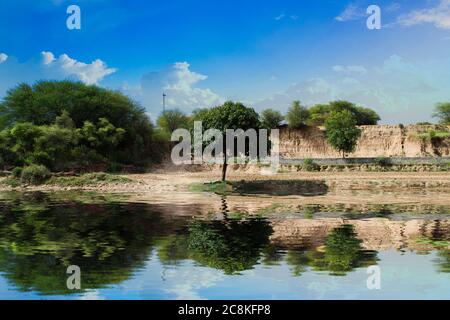 A landscape of forest with its reflection in the water Stock Photo